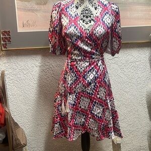 GUESS Womens Red Ruffled Tie Printed Pouf SurpliceNecklineShort FauxWrap DressXS